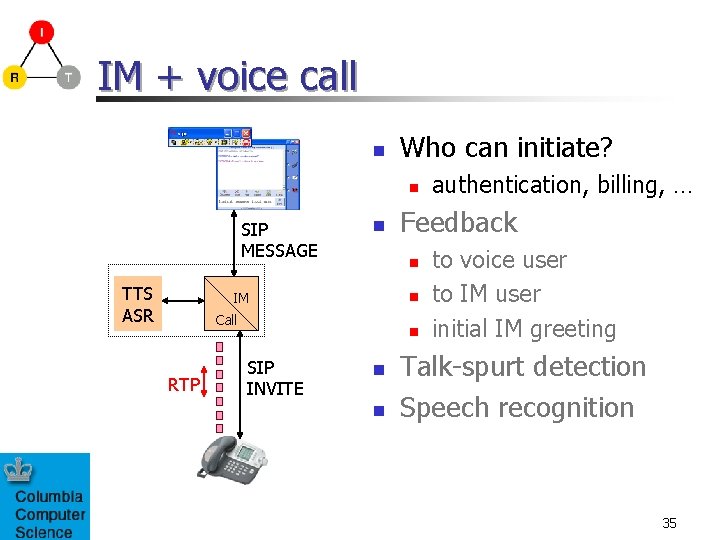 IM + voice call n Who can initiate? n SIP MESSAGE TTS ASR n