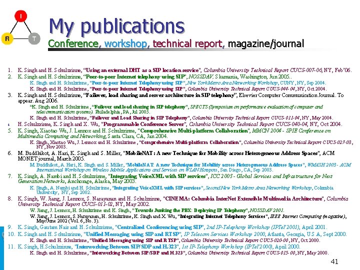 My publications Conference, workshop, technical report, magazine/journal 1. K. Singh and H. Schulzrinne, “Using