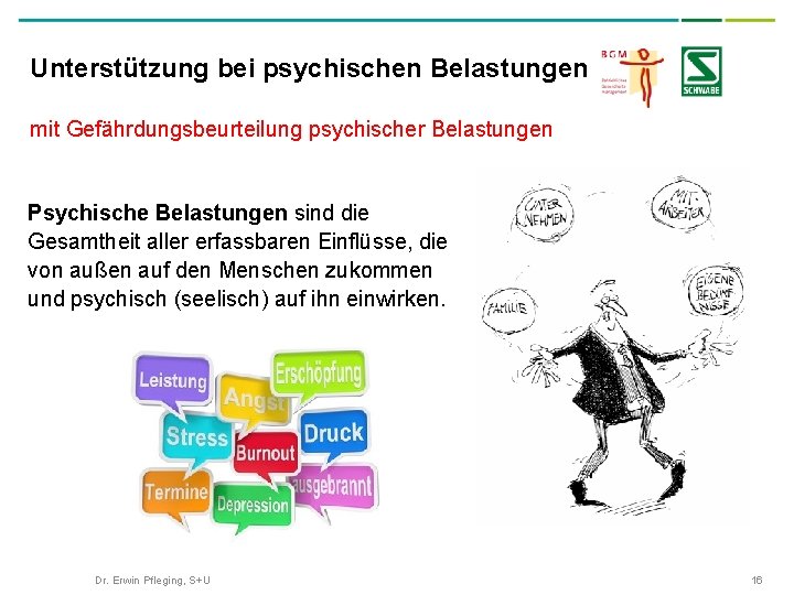 Unterstützung bei psychischen Belastungen mit Gefährdungsbeurteilung psychischer Belastungen Psychische Belastungen sind die Gesamtheit aller