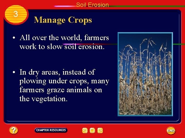 Soil Erosion 3 Manage Crops • All over the world, farmers work to slow