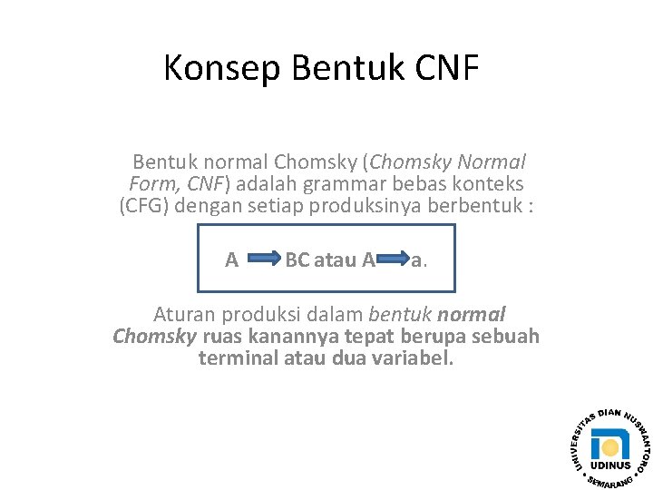 Konsep Bentuk CNF Bentuk normal Chomsky (Chomsky Normal Form, CNF) adalah grammar bebas konteks