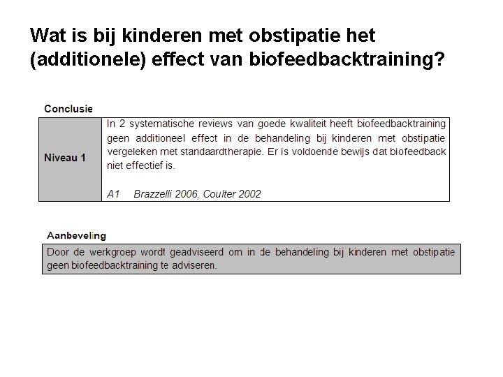 Wat is bij kinderen met obstipatie het (additionele) effect van biofeedbacktraining? Wat is bij kinderen met obstipatie het (additionele) effect van biofeedbacktraining?