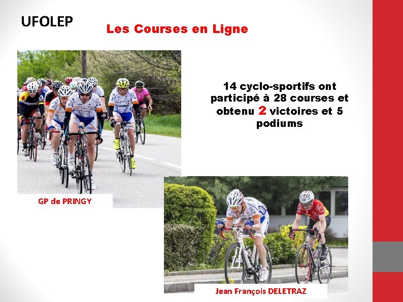 UFOLEP Les Courses en Ligne 14 cyclo-sportifs ont participé à 28 courses et obtenu