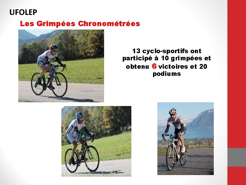 UFOLEP Les Grimpées Chronométrées 13 cyclo-sportifs ont participé à 10 grimpées et obtenu 6