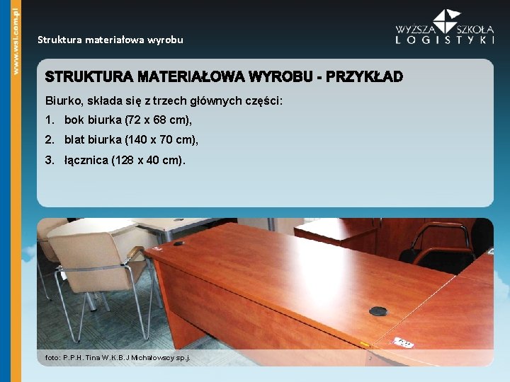 Struktura materiałowa wyrobu Biurko, składa się z trzech głównych części: 1. bok biurka (72