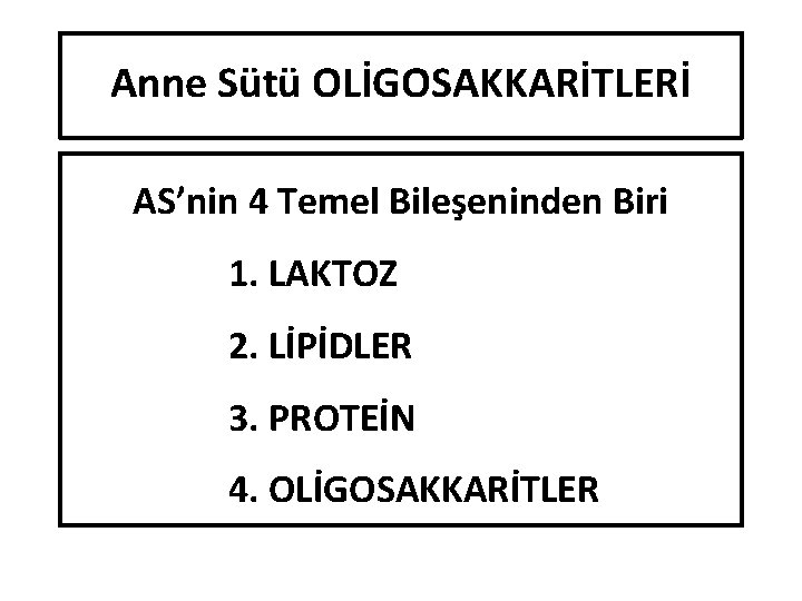 Anne Sütü OLİGOSAKKARİTLERİ AS’nin 4 Temel Bileşeninden Biri 1. LAKTOZ 2. LİPİDLER 3. PROTEİN