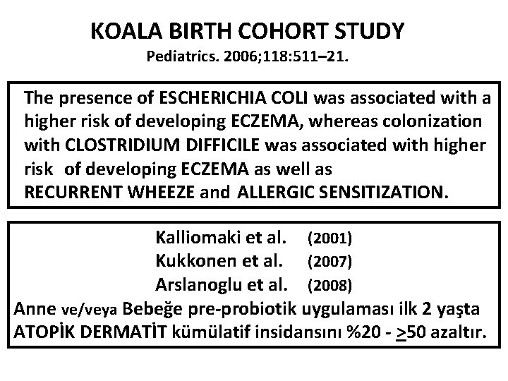 KOALA BIRTH COHORT STUDY Pediatrics. 2006; 118: 511– 21. The presence of ESCHERICHIA COLI