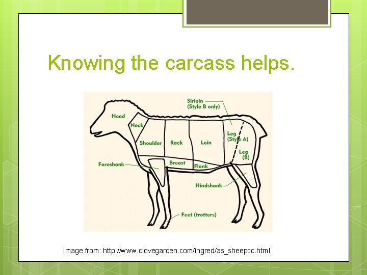 Knowing the carcass helps. Image from: http: //www. clovegarden. com/ingred/as_sheepcc. html 