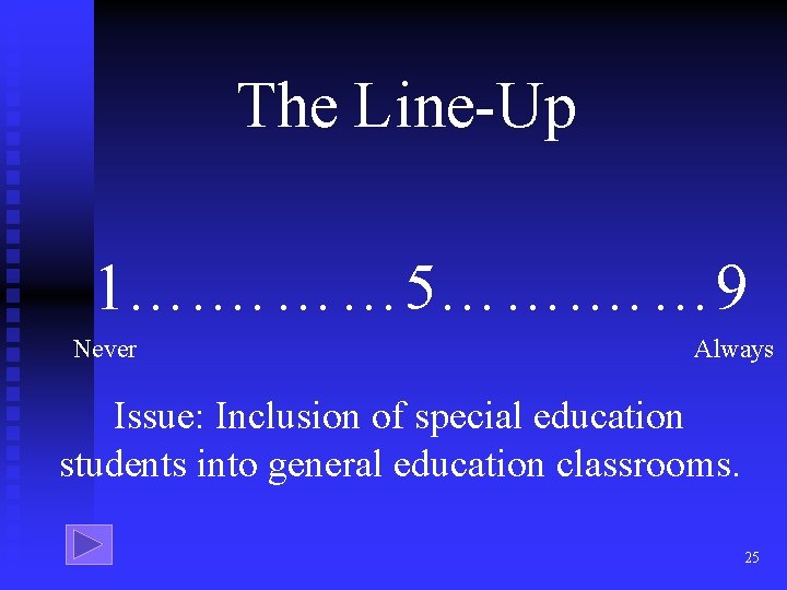 The Line-Up 1…. ……… 5……. …… 9 Never Always Issue: Inclusion of special education