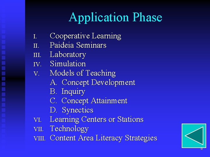 Application Phase I. III. IV. V. VI. VIII. Cooperative Learning Paideia Seminars Laboratory Simulation