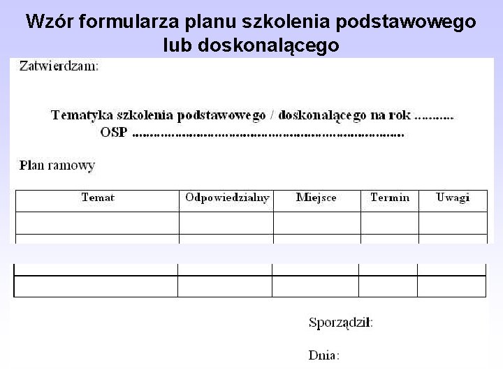 Wzór formularza planu szkolenia podstawowego lub doskonalącego 