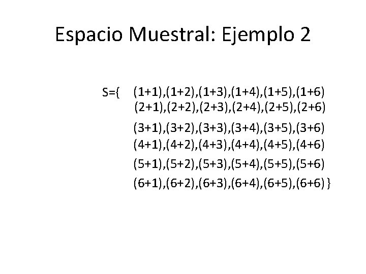 Espacio Muestral: Ejemplo 2 S={ (1+1), (1+2), (1+3), (1+4), (1+5), (1+6) (2+1), (2+2), (2+3),