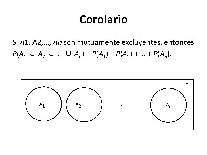Corolario Si A 1, A 2, . . . , An son mutuamente excluyentes,