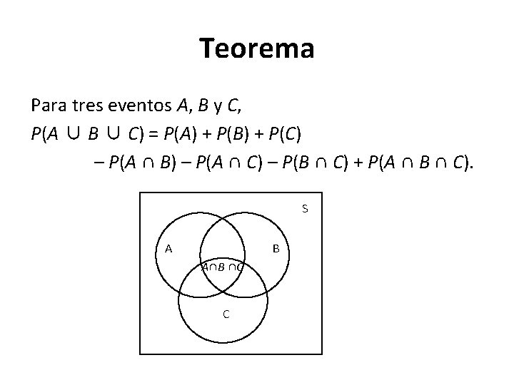 Teorema Para tres eventos A, B y C, P(A ∪ B ∪ C) =