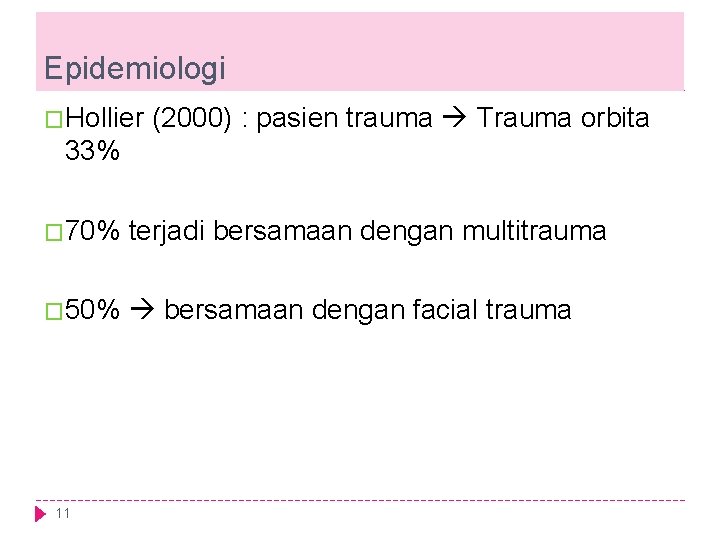 Epidemiologi �Hollier (2000) : pasien trauma Trauma orbita 33% � 70% terjadi bersamaan dengan