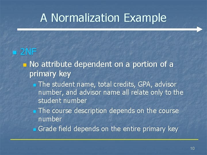A Normalization Example n 2 NF n No attribute dependent on a portion of A Normalization Example n 2 NF n No attribute dependent on a portion of