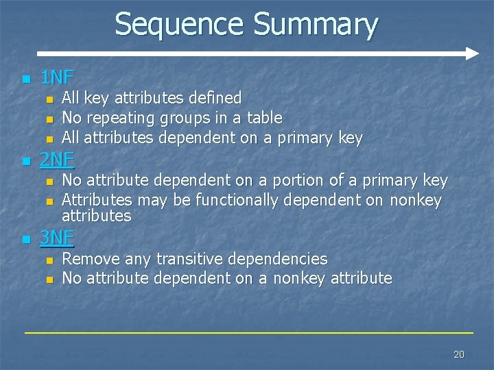 Sequence Summary n 1 NF n n 2 NF n n n All key