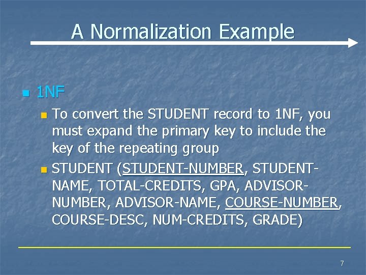 A Normalization Example n 1 NF To convert the STUDENT record to 1 NF,