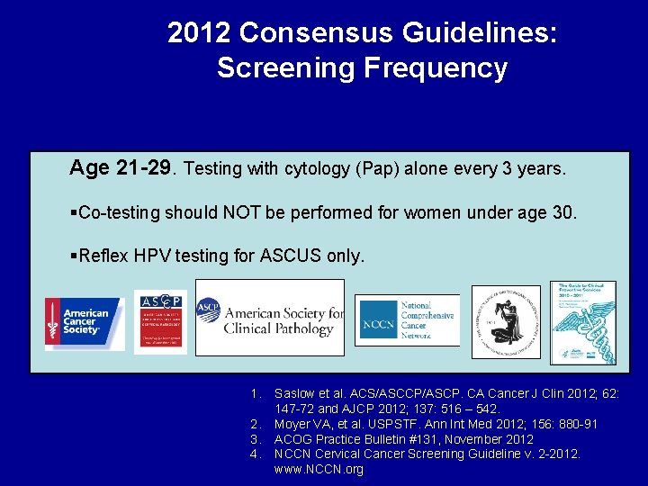 2012 Consensus Guidelines: Screening Frequency Age 21 -29. Testing with cytology (Pap) alone every