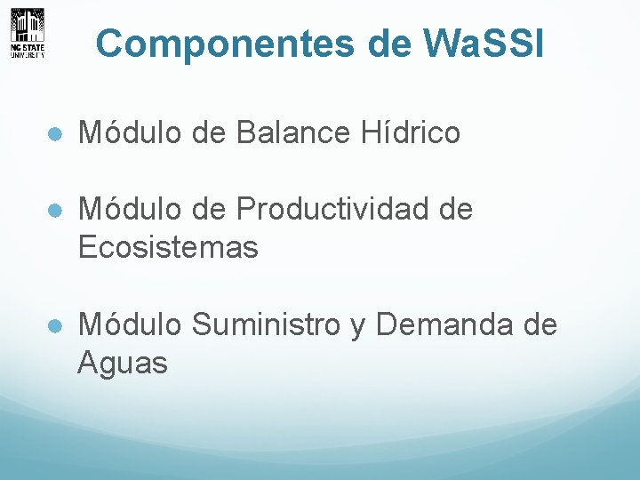 Componentes de Wa. SSI ● Módulo de Balance Hídrico ● Módulo de Productividad de