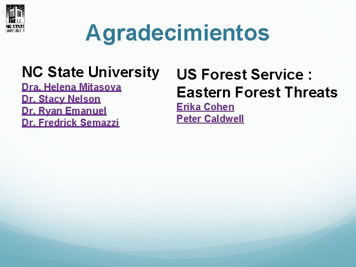 Agradecimientos NC State University Dra. Helena Mitasova Dr. Stacy Nelson Dr. Ryan Emanuel Dr.