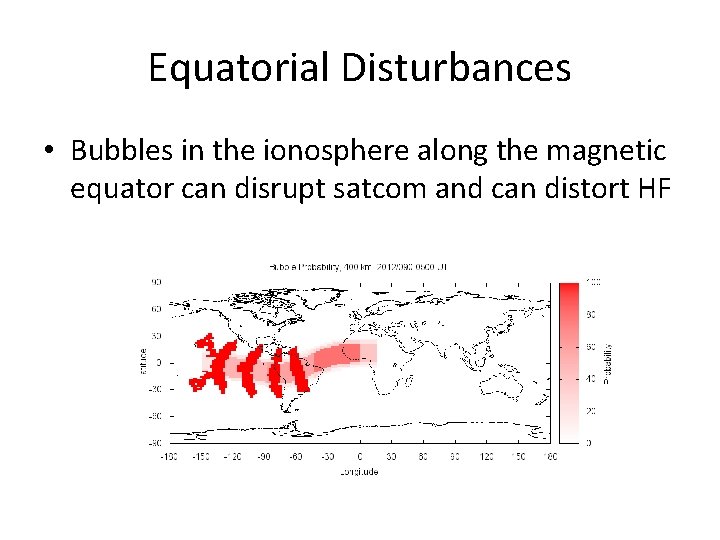 Equatorial Disturbances • Bubbles in the ionosphere along the magnetic equator can disrupt satcom