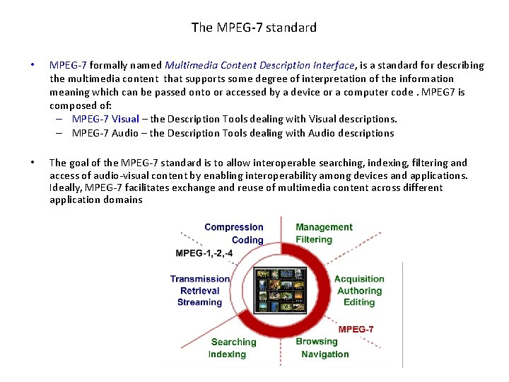 The MPEG-7 standard • MPEG-7 formally named Multimedia Content Description Interface, is a standard