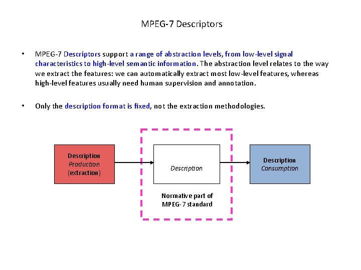 MPEG-7 Descriptors • MPEG-7 Descriptors support a range of abstraction levels, from low-level signal