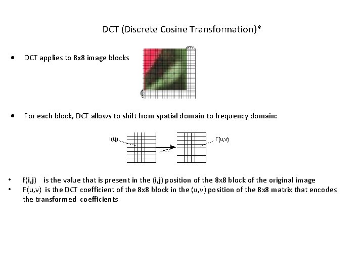 DCT (Discrete Cosine Transformation)* DCT applies to 8 x 8 image blocks For each