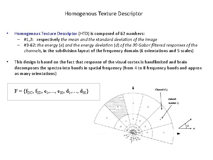 Homogenous Texture Descriptor • Homogenous Texture Descriptor (HTD) is composed of 62 numbers: –