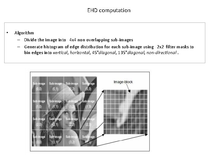 EHD computation • Algorithm – Divide the image into 4 x 4 non overlapping