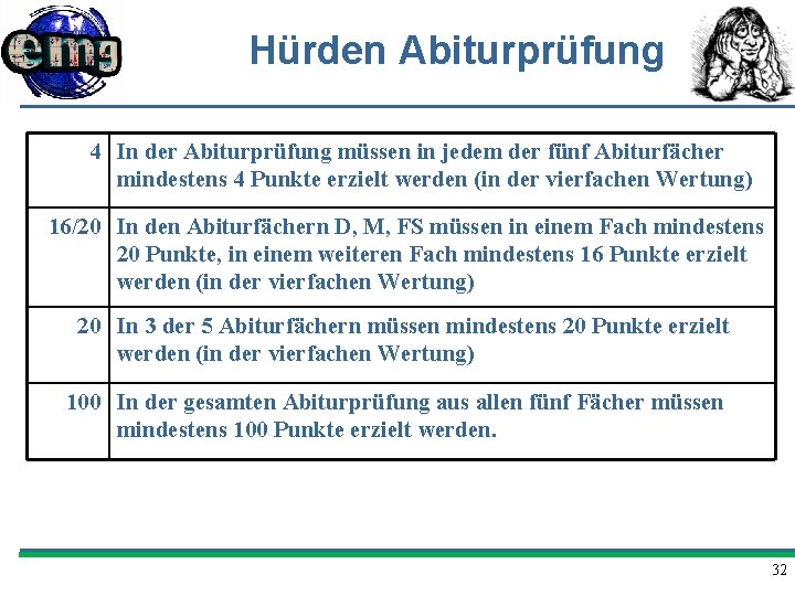 Hürden Abiturprüfung 4 In der Abiturprüfung müssen in jedem der fünf Abiturfächer mindestens 4