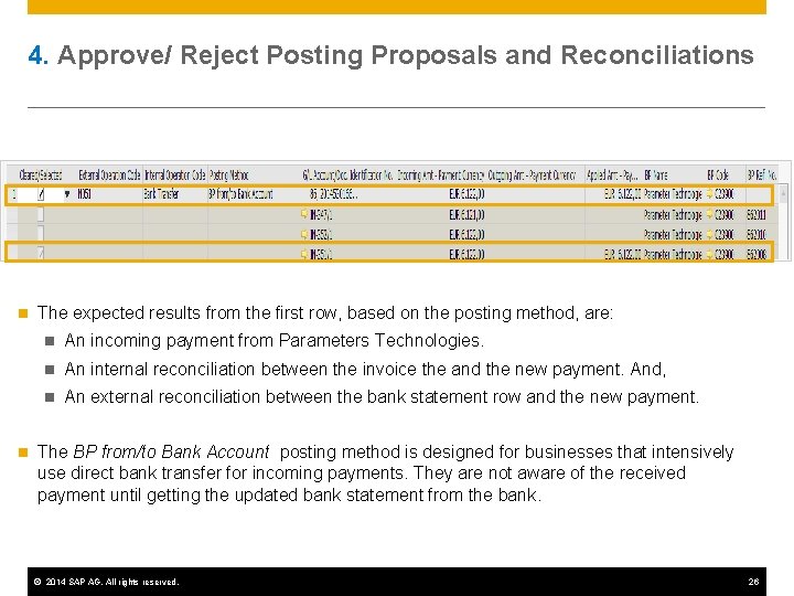 4. Approve/ Reject Posting Proposals and Reconciliations n n The expected results from the