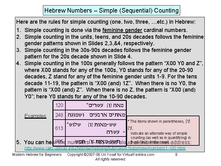 Hebrew Numbers – Simple (Sequential) Counting Here are the rules for simple counting (one,