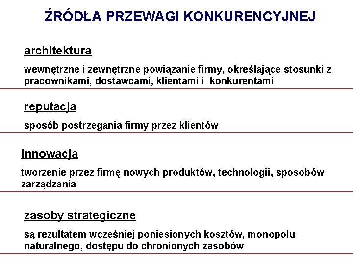 ŹRÓDŁA PRZEWAGI KONKURENCYJNEJ architektura wewnętrzne i zewnętrzne powiązanie firmy, określające stosunki z pracownikami, dostawcami,