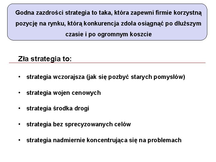 Godna zazdrości strategia to taka, która zapewni firmie korzystną pozycję na rynku, którą konkurencja