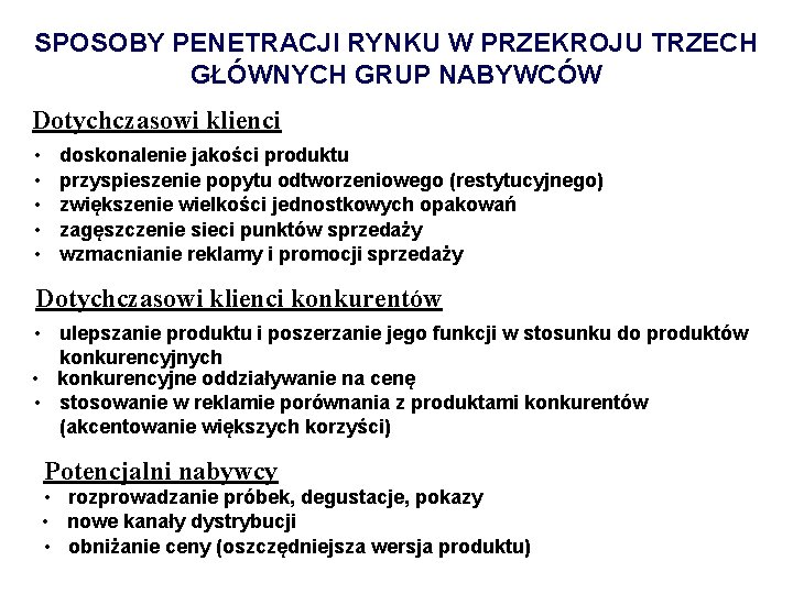 SPOSOBY PENETRACJI RYNKU W PRZEKROJU TRZECH GŁÓWNYCH GRUP NABYWCÓW Dotychczasowi klienci • • •