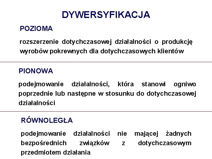 DYWERSYFIKACJA POZIOMA rozszerzenie dotychczasowej działalności o produkcję wyrobów pokrewnych dla dotychczasowych klientów PIONOWA podejmowanie