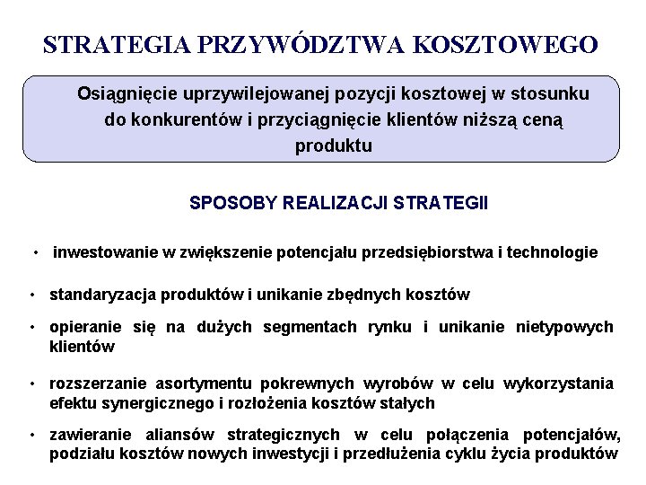 STRATEGIA PRZYWÓDZTWA KOSZTOWEGO Osiągnięcie uprzywilejowanej pozycji kosztowej w stosunku do konkurentów i przyciągnięcie klientów