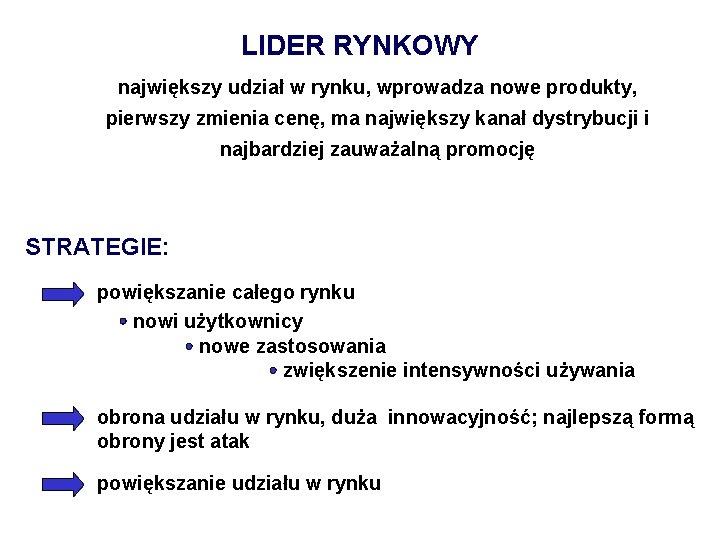 LIDER RYNKOWY największy udział w rynku, wprowadza nowe produkty, pierwszy zmienia cenę, ma największy