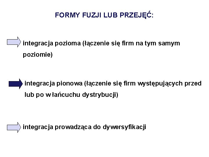 FORMY FUZJI LUB PRZEJĘĆ: integracja pozioma (łączenie się firm na tym samym poziomie) integracja