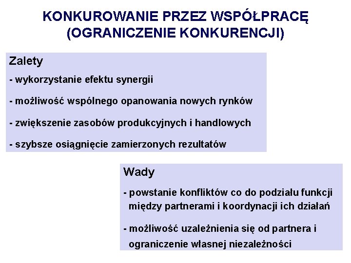 KONKUROWANIE PRZEZ WSPÓŁPRACĘ (OGRANICZENIE KONKURENCJI) Zalety - wykorzystanie efektu synergii - możliwość wspólnego opanowania