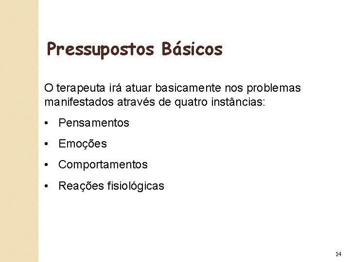 Pressupostos Básicos O terapeuta irá atuar basicamente nos problemas manifestados através de quatro instâncias: