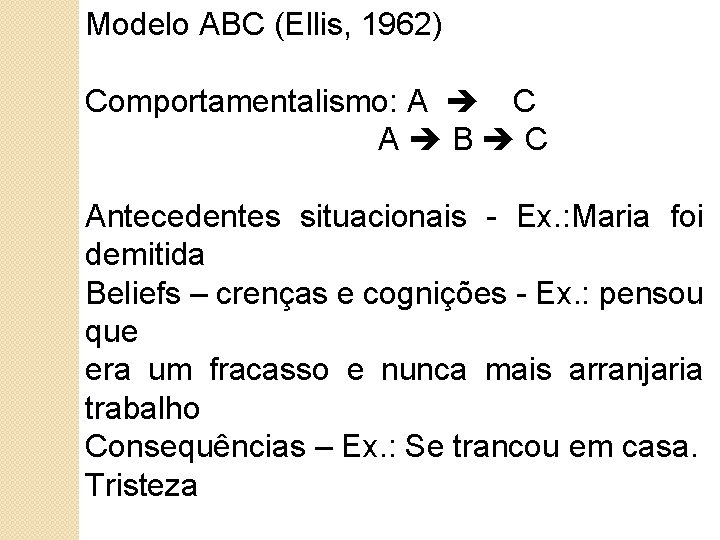 Modelo ABC (Ellis, 1962) Comportamentalismo: A C A B C Antecedentes situacionais - Ex.