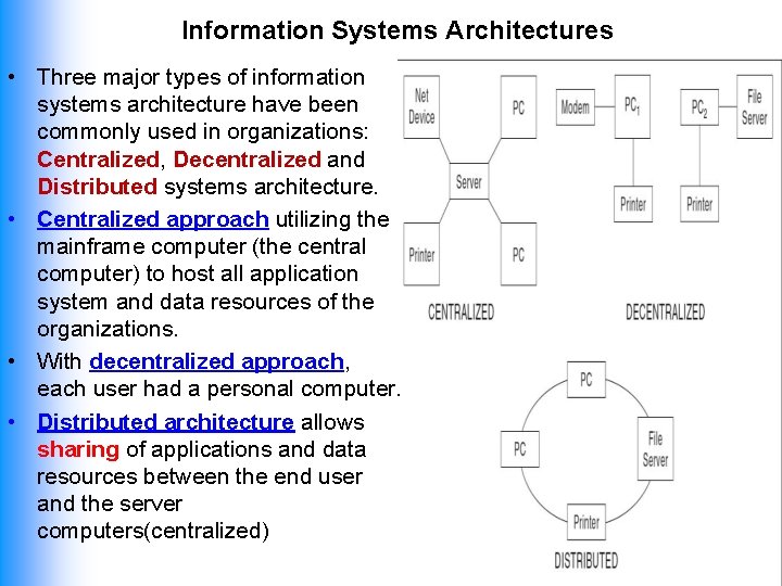 Information Systems Architectures • Three major types of information systems architecture have been commonly