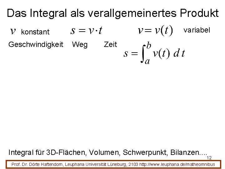 Das Integral als verallgemeinertes Produkt variabel konstant Geschwindigkeit Weg Zeit Integral für 3 D-Flächen,