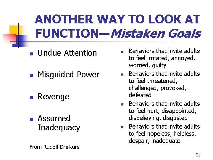 ANOTHER WAY TO LOOK AT FUNCTION—Mistaken Goals n Undue Attention n n Misguided Power