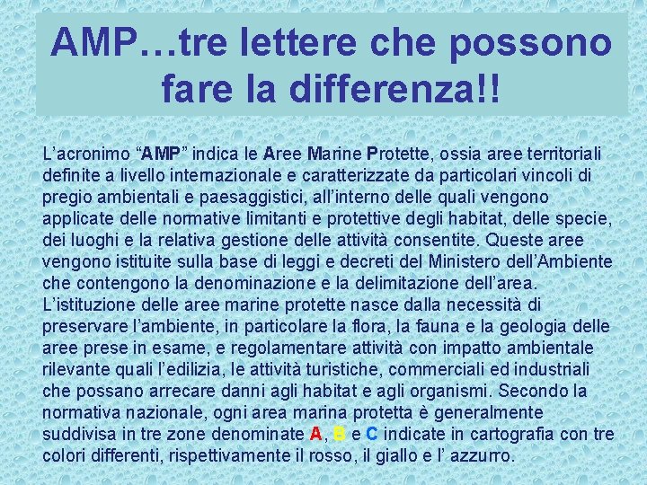 AMP…tre lettere che possono fare la differenza!! L’acronimo “AMP” indica le Aree Marine Protette,