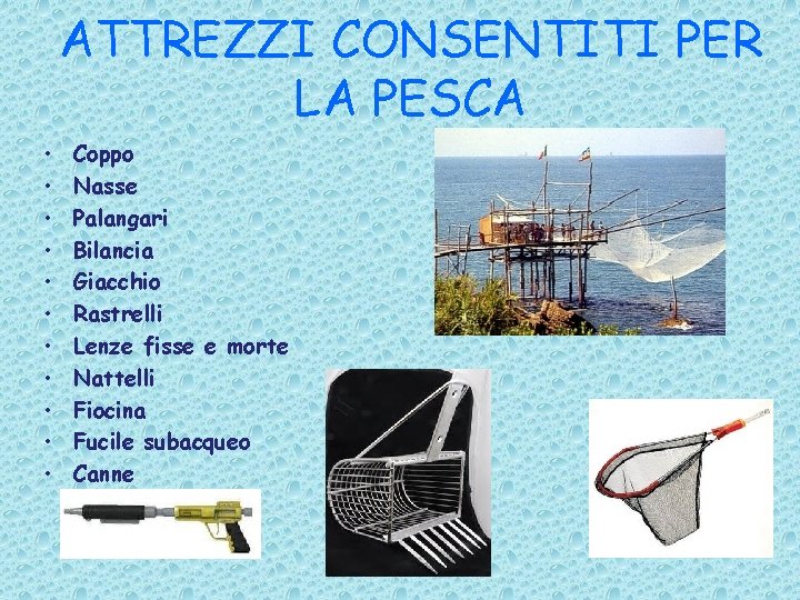 ATTREZZI CONSENTITI PER LA PESCA • • • Coppo Nasse Palangari Bilancia Giacchio Rastrelli