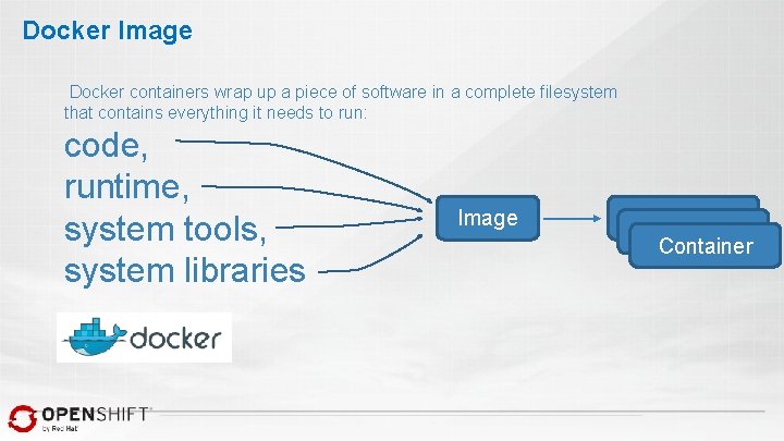 Docker Image Docker containers wrap up a piece of software in a complete filesystem